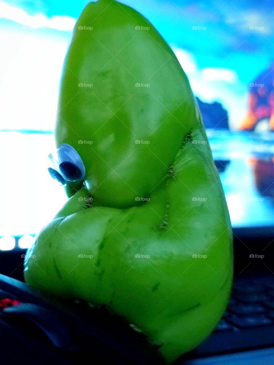 Fantasy of nature.  Pepper in the shape of a "waiting" figure on a computer keyboard.  computer mouse in the foreground