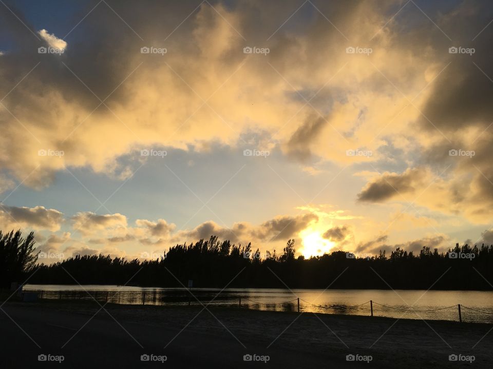Sunset over lakes in Florida everglades