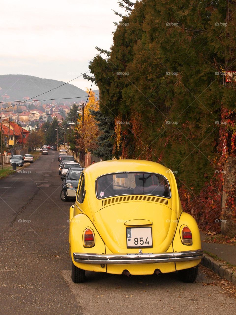 Yellow Wolksvagen Beatle on a street