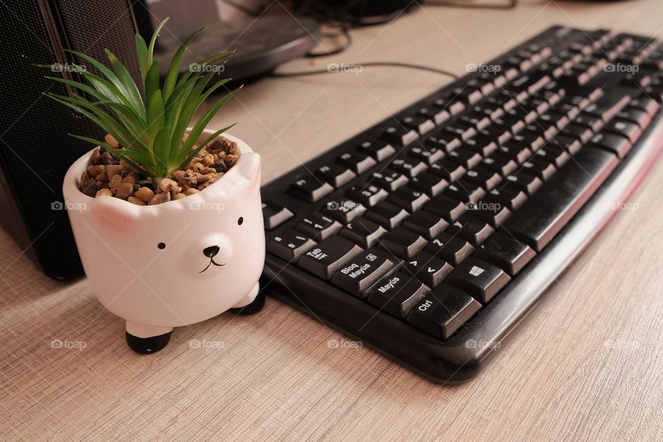 Office supplies. Office computer keyboard and ornament