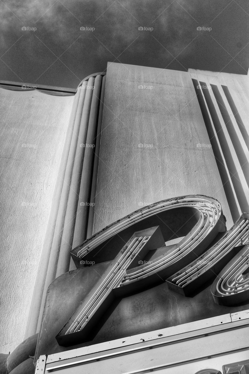 Art deco Presidio Theater in the marina district of San Francisco California with its strong sleek lines and sculptural facade in black and white 