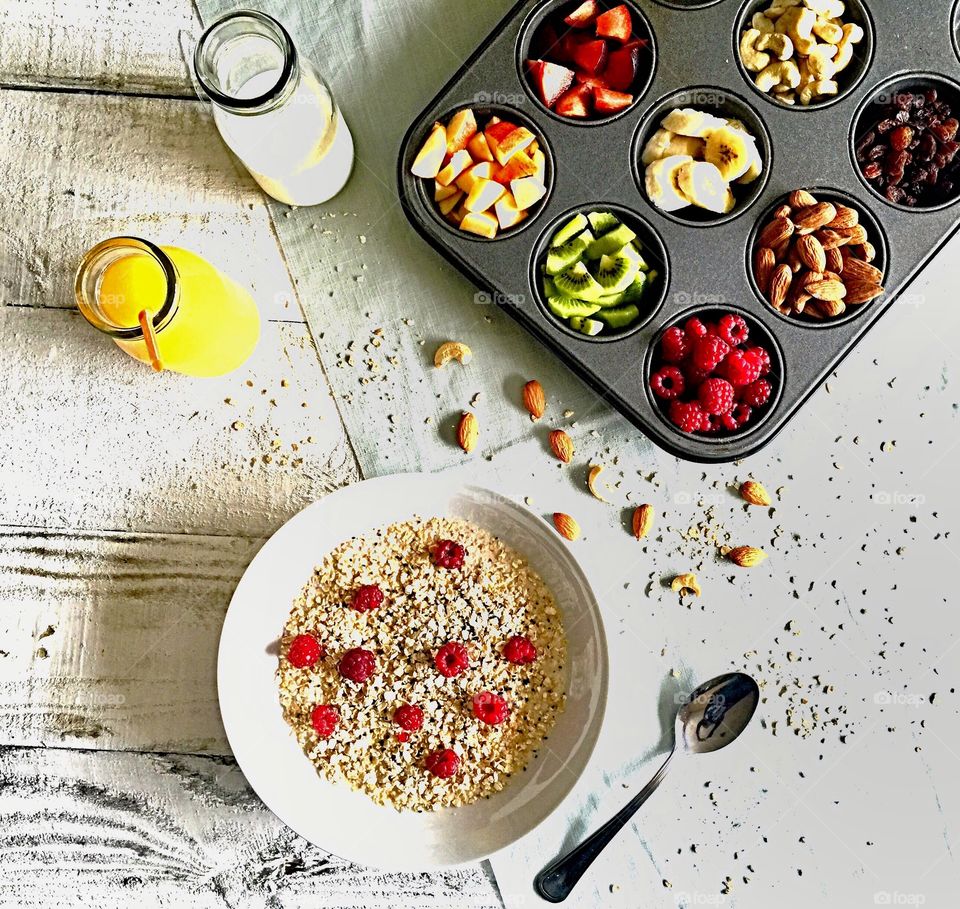 Porridge oats with selection of fruits and nuts 