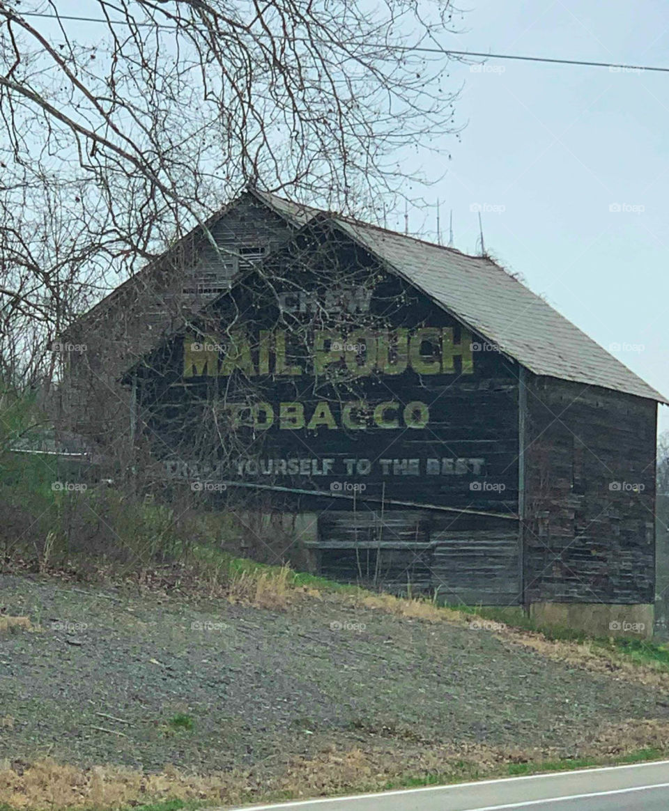 A vintage Mail Pouch Tobacco advertisement still remains on the side of an old barn