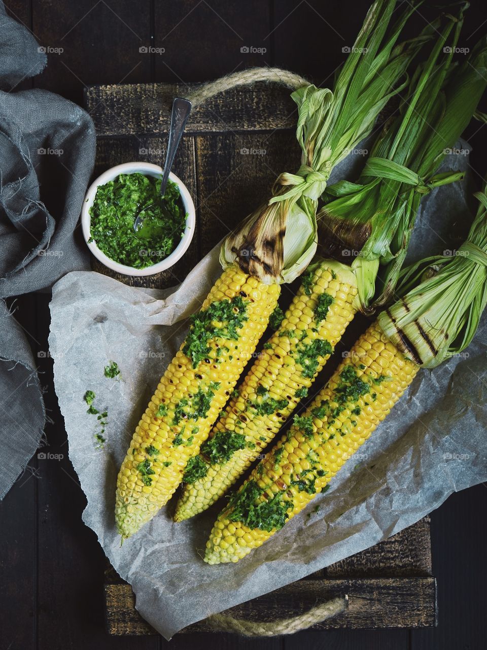 Corn with green sauce, top view