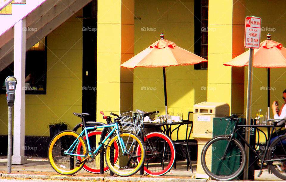 Colorful Rides. Colorful bicycles at a cafe in Savannah 