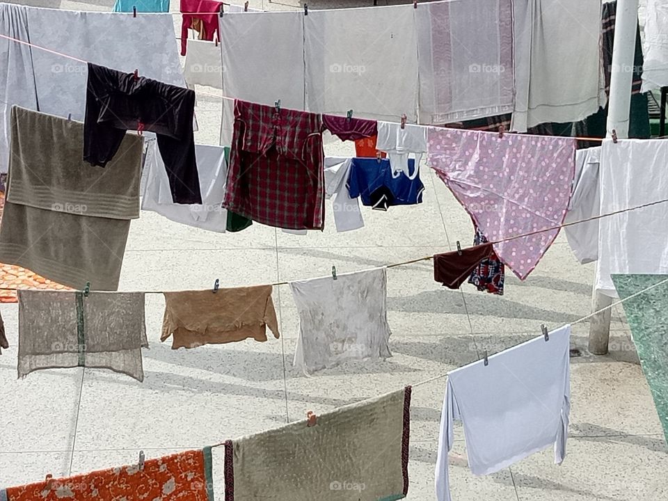 Drying laundry on rope