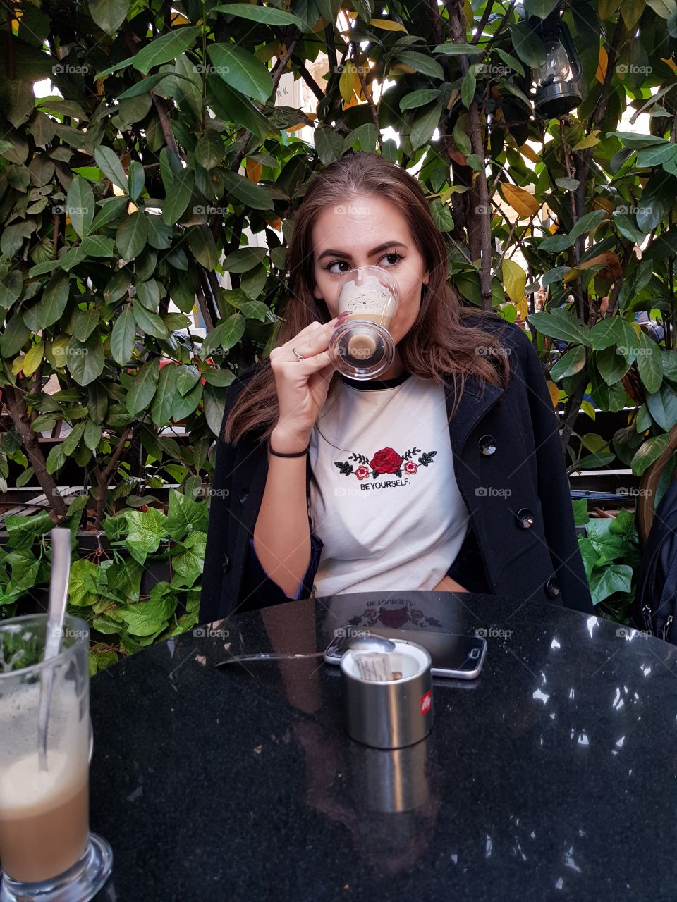 beautiful girl drinking coffee photoshoot