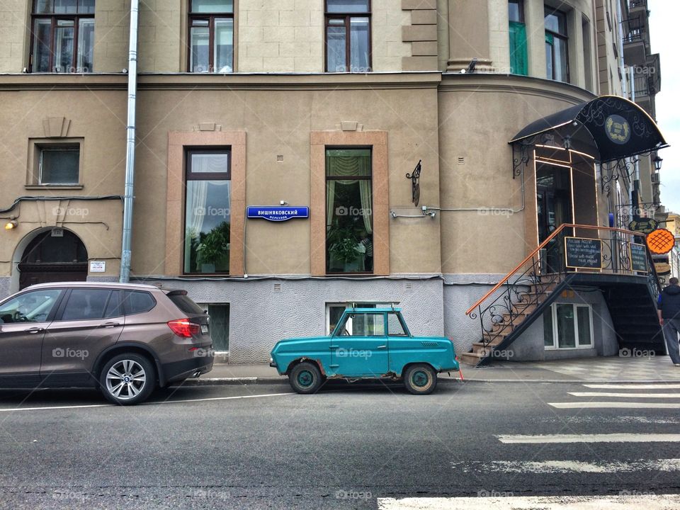 Small car . Little old car in Moscow, Russia