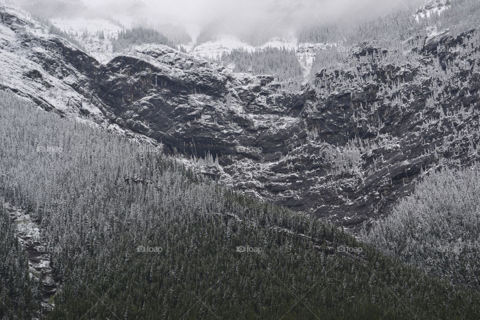 Rocky Mountains in Alberta Canada on a stormy foggy day after a light dusting of snow 