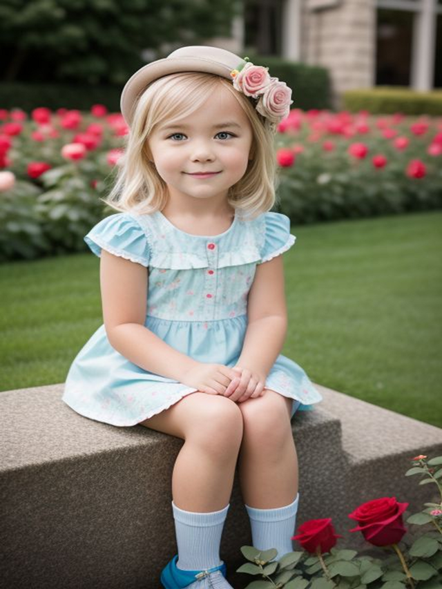 Cute blonde baby girl with a beautiful view of roses
