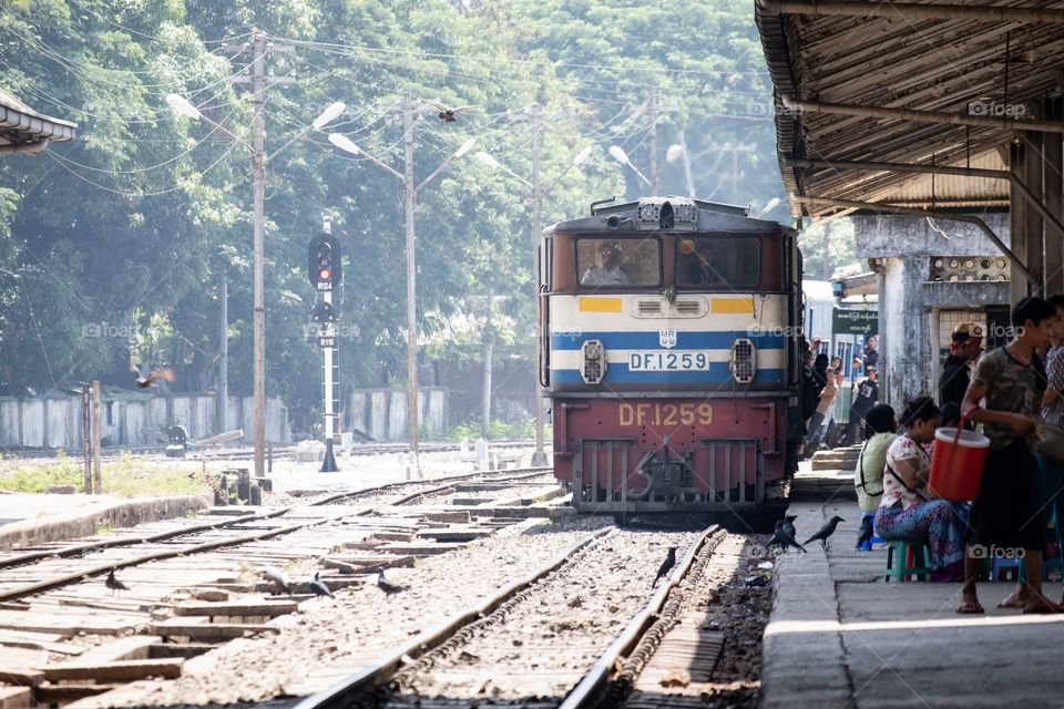 Rangoon/Myanmar-April 14 2019:Crowd People take train to travel in Myanmar New Year 
