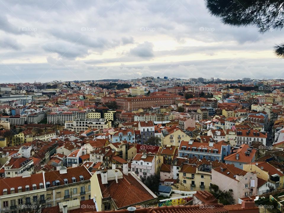 View of Lisbon, Portugal from one of the many view points of the city on a cloudy day 