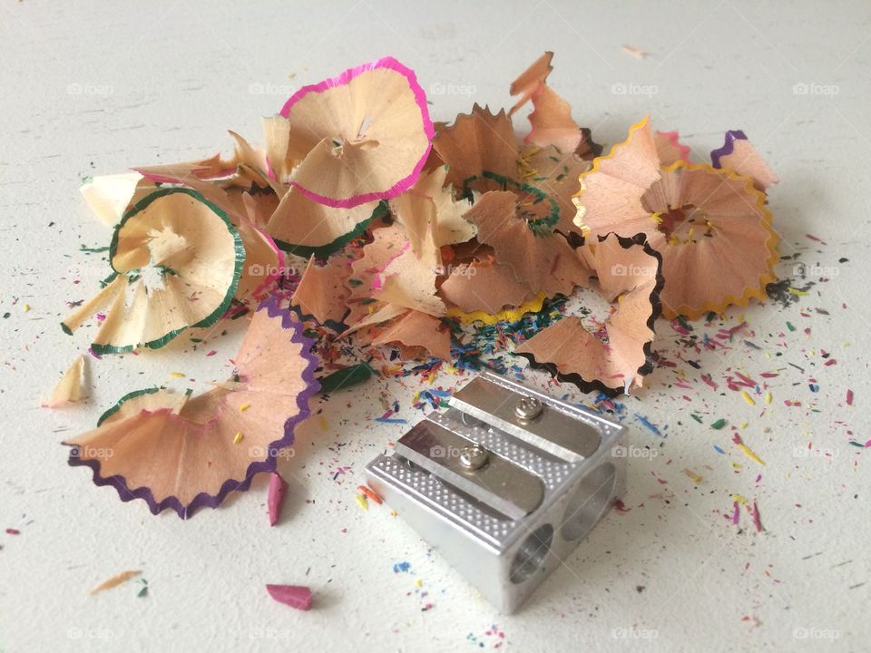 Pencil shavings and sharpener