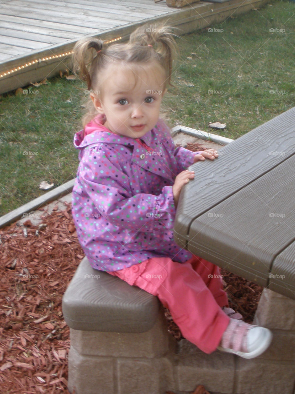 Picnic table baby. Toddler girl in pigtails sitting at picnic table