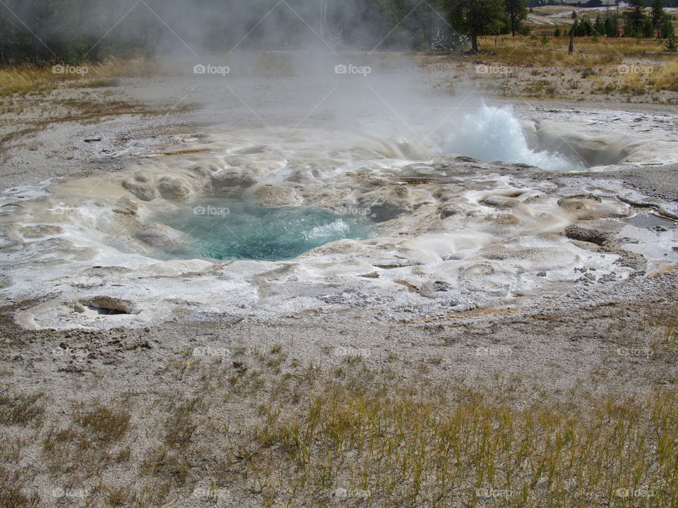 Stunning geology in the unique landscape of Geyser Hill in Yellowstone National Park on a sunny summer day. 