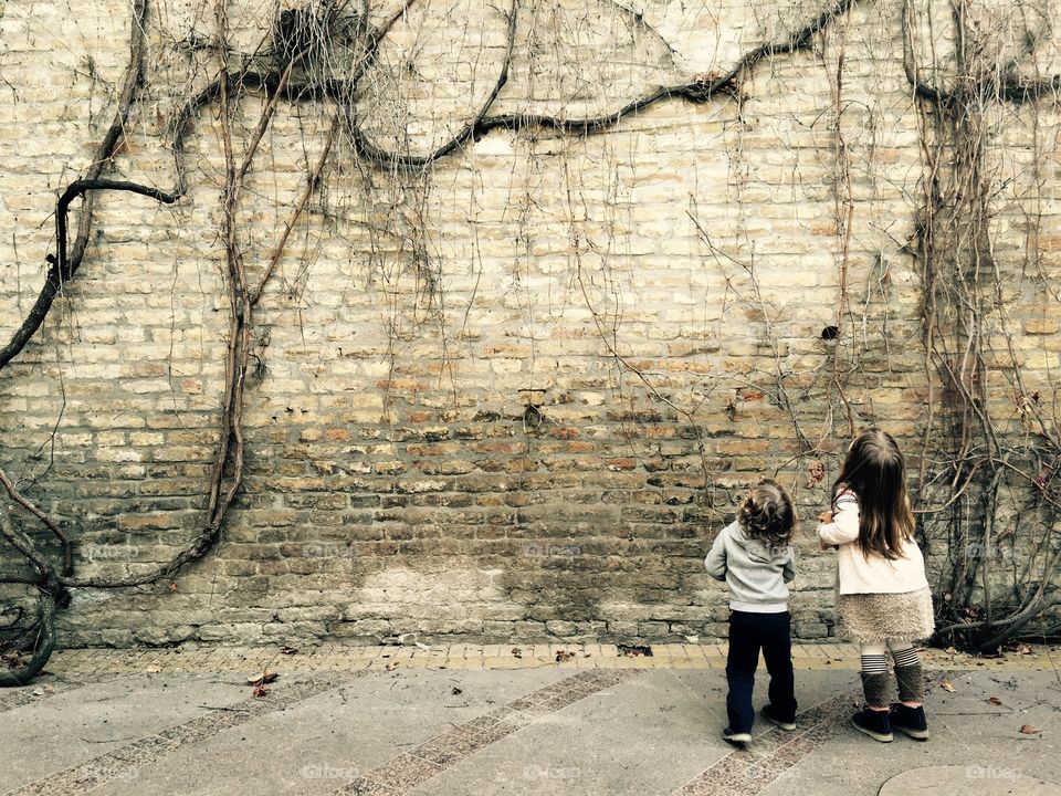 Children looking up in front of a brick wall