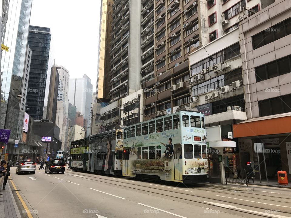 Business buildings in Hong Kong, business district, high rises, train 