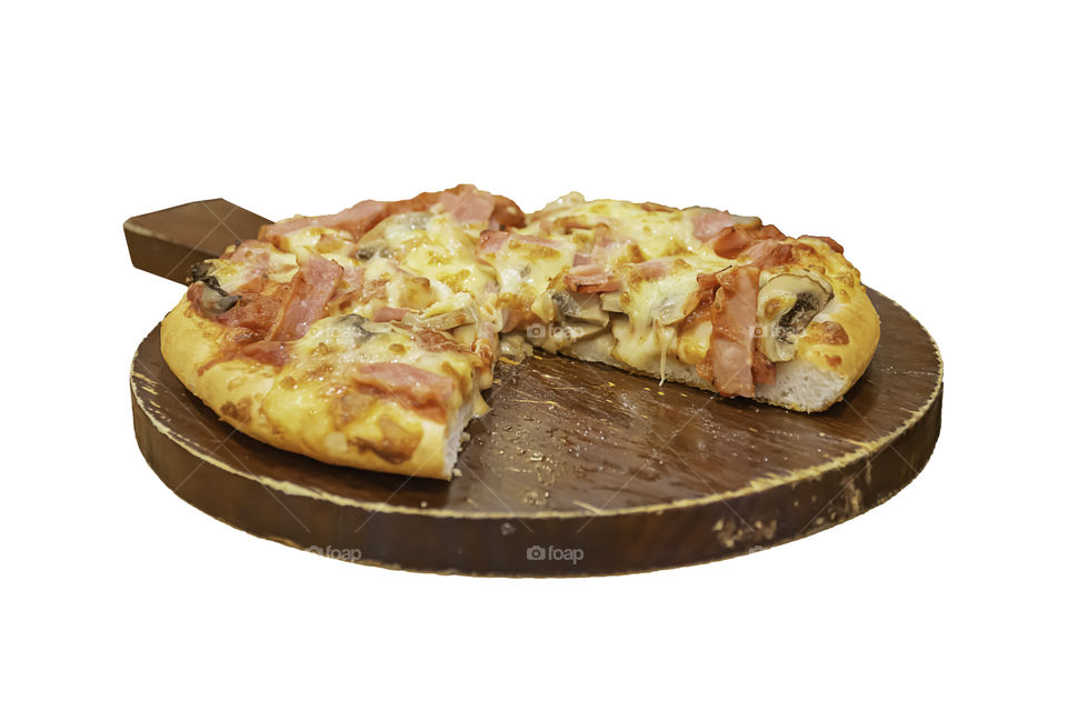 Pizza with ham and cheese on the wooden tray is placed on a white background with clipping path.