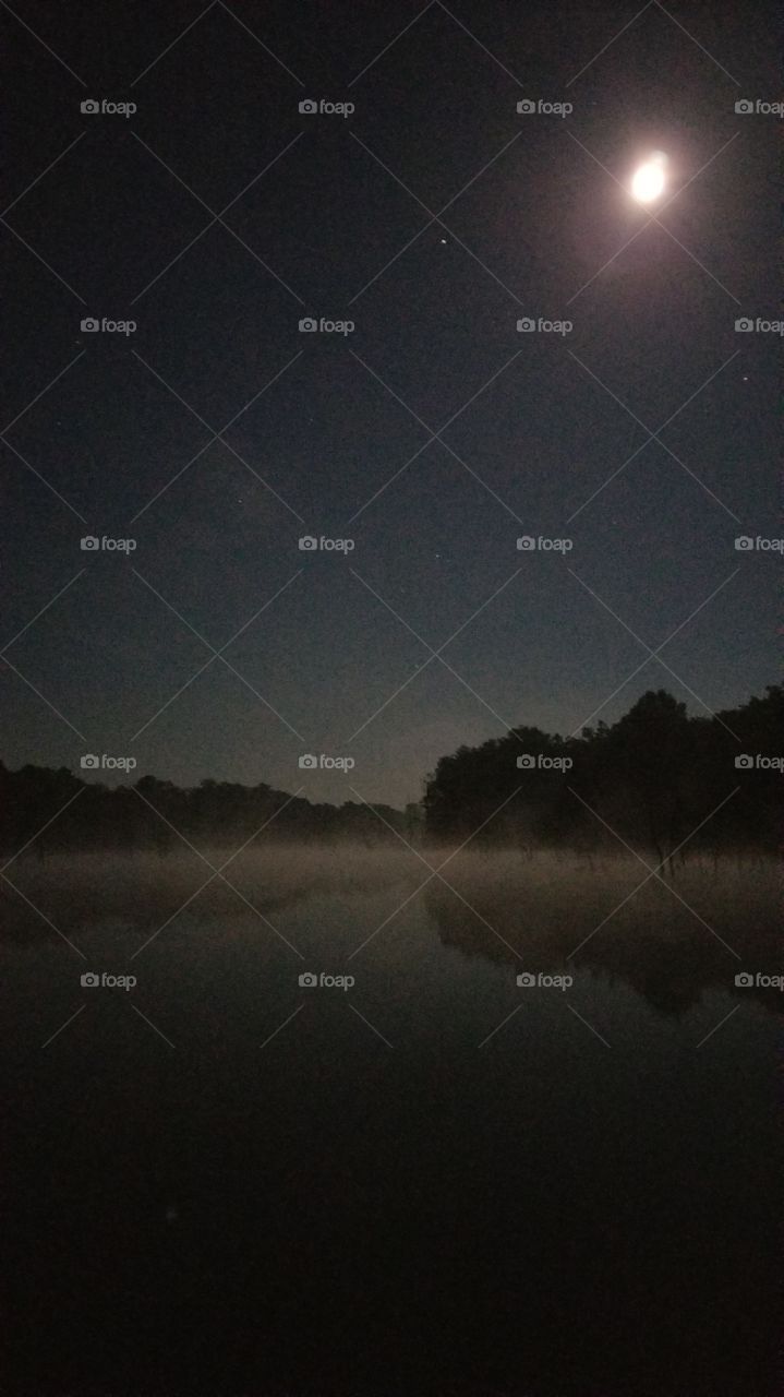 Landscape, Fog, Lake, Moon, No Person