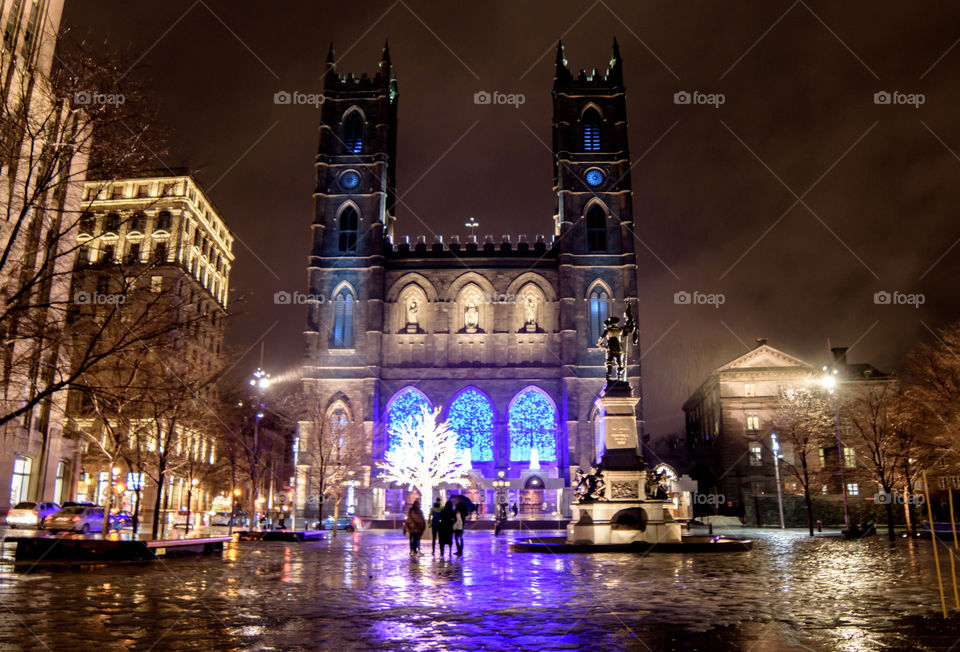 Nôtre Dame Basilica Montreal Canada on a rainy winter night 