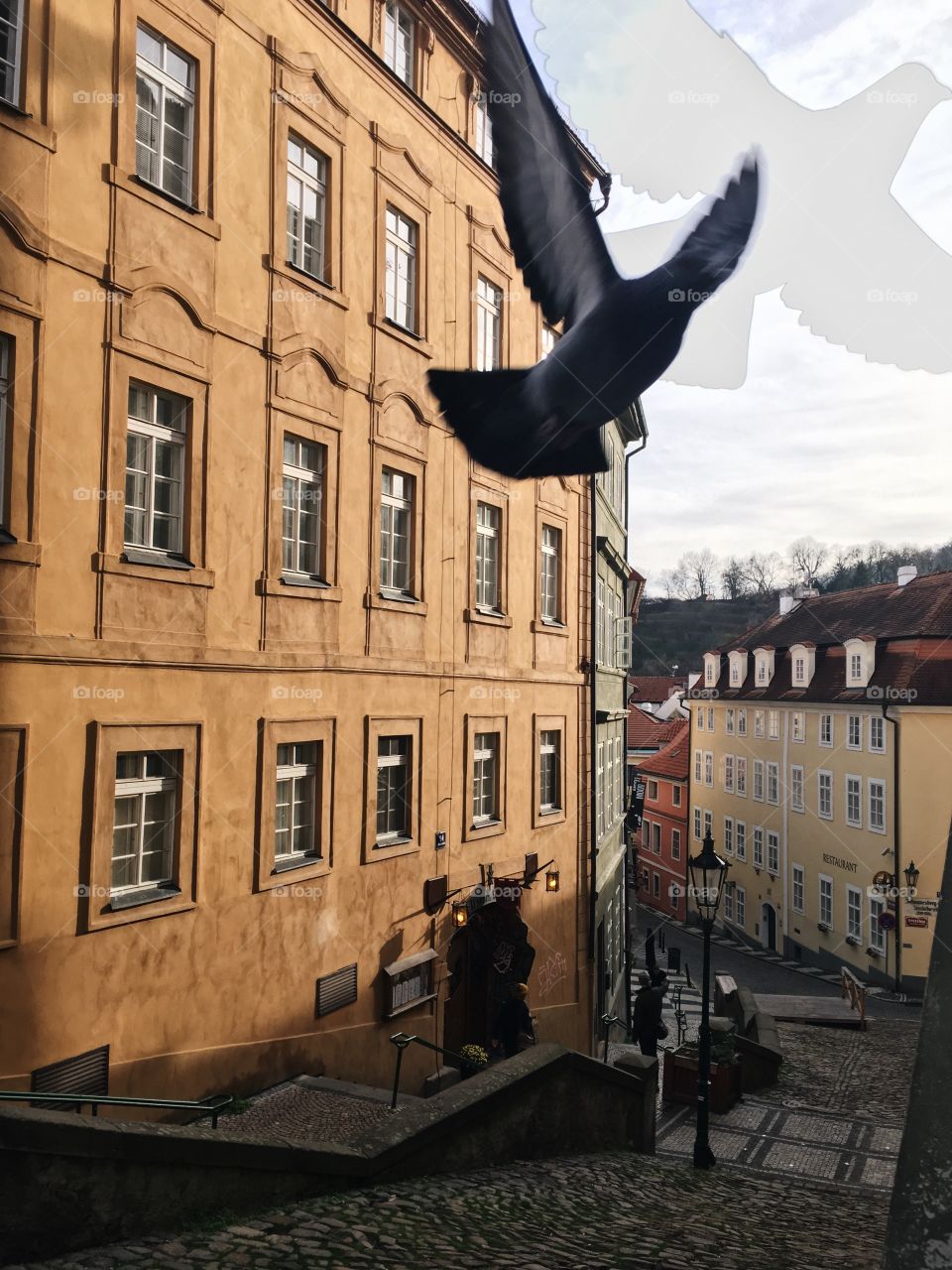 Flying above the streets of Prague.