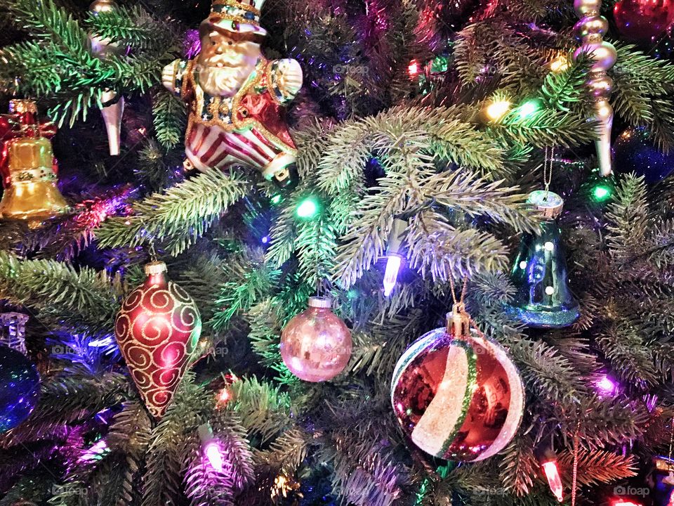 Christmas tree with glass ornaments. 