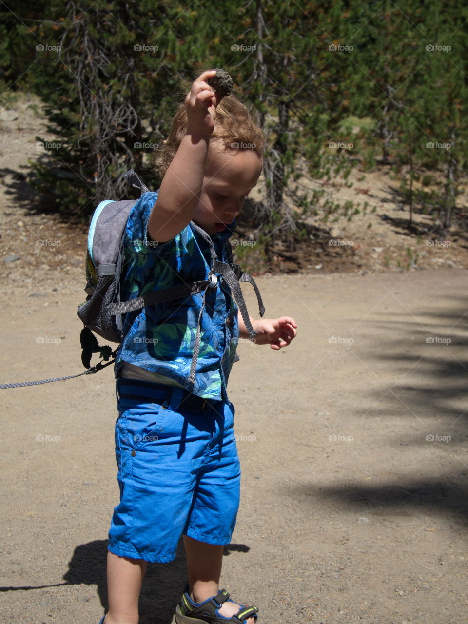 Little boy on summer vacation at high lake in Oregon forest 