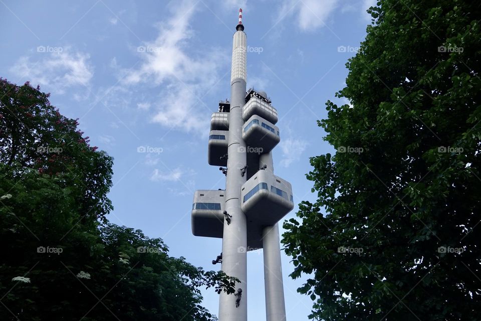The famous Zizkov Television Tower, unique transmitter tower built in Prague between 1985 and 1992. The tower is an example of high-tech architecture.