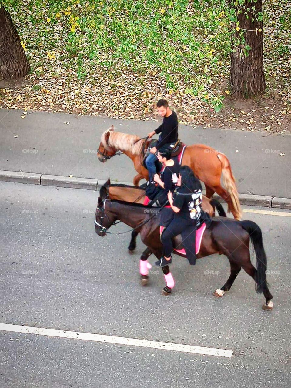 View from the window.  Three riders on horseback ride along the road