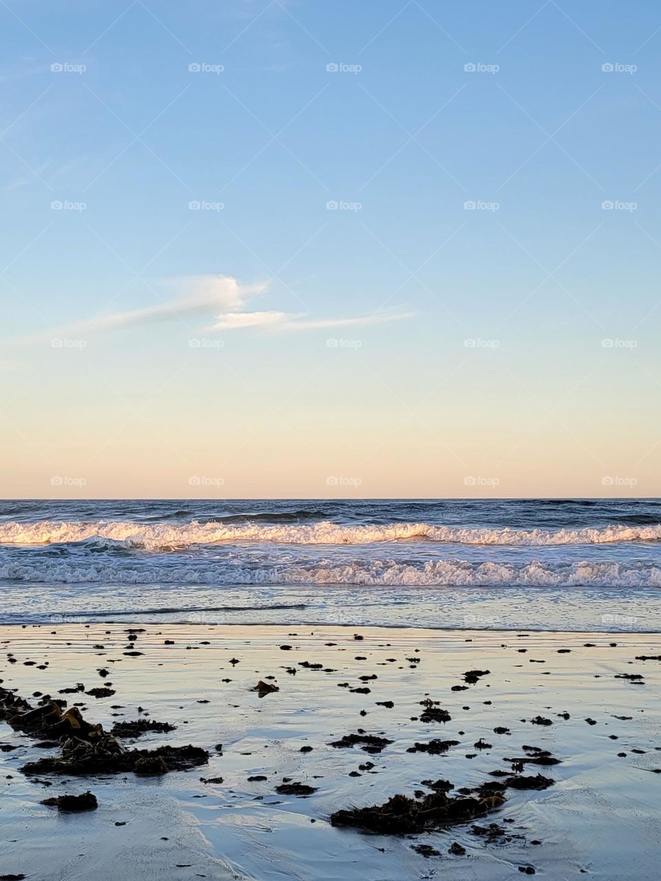 Crashing Waves on an Ocean Shore with a Blue and Pink Sky in the Horizon