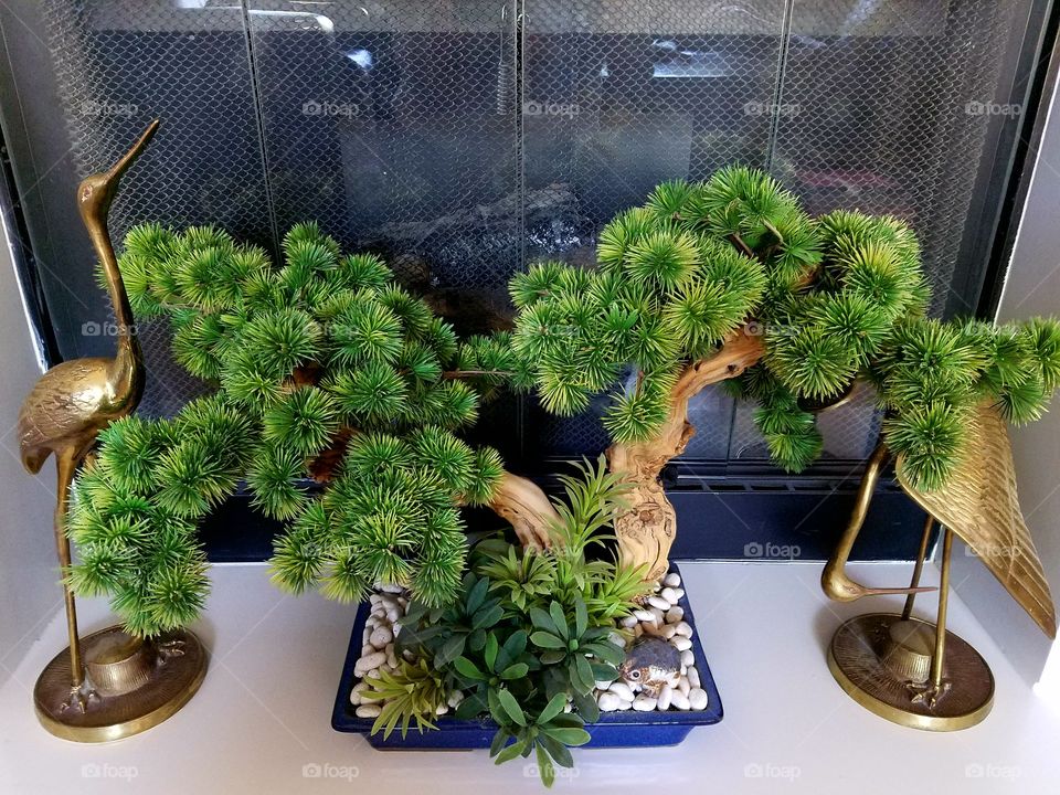 Bonsai and cranes decorations