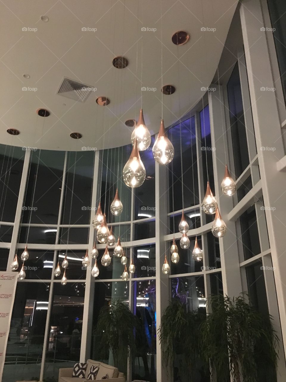 Sexy pendulum lighting of Hilton Bimini lobby