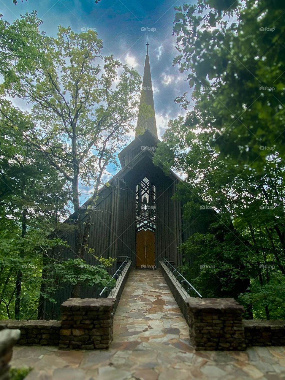 Church in the woods of Arkansas on a bright sunny day.