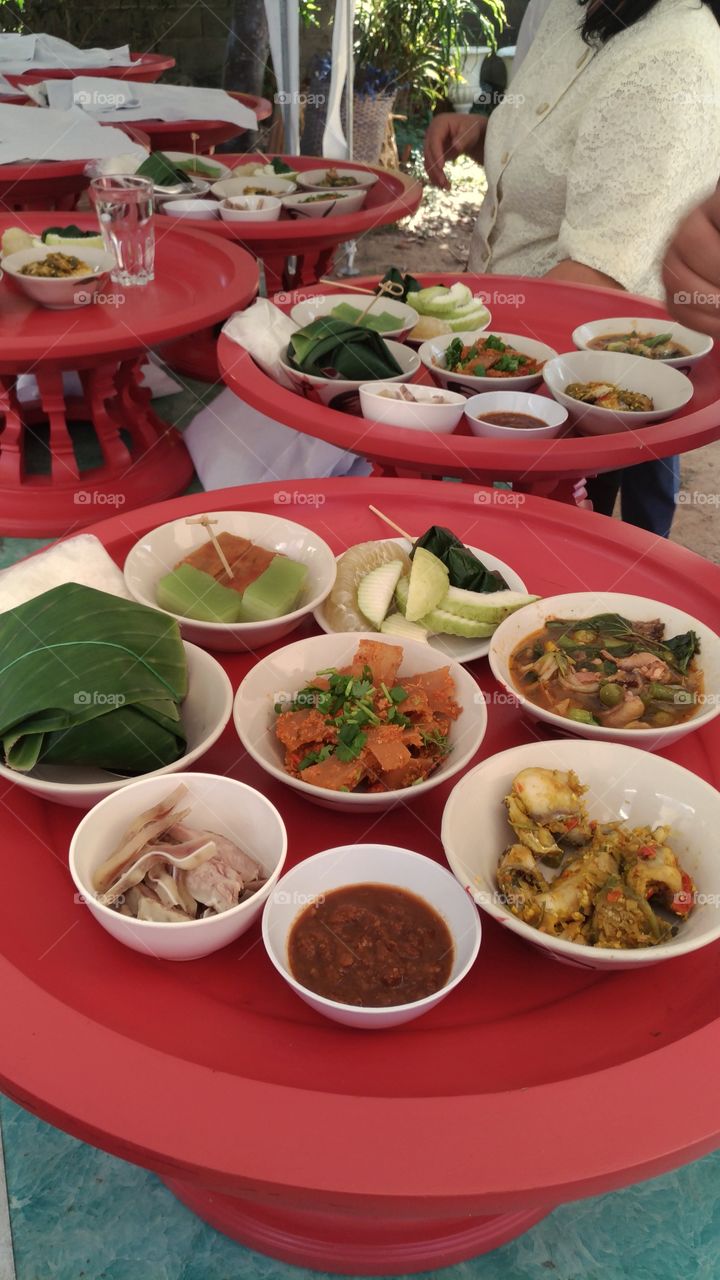 Northern Thai food for monks during Buddhist ceremony