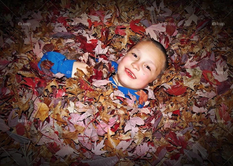 Boy in Pile of leaves