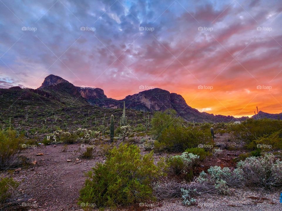 A gorgeous desert sunset highlights Picacho Peak on a drive between Phoenix and Tucson Arizona