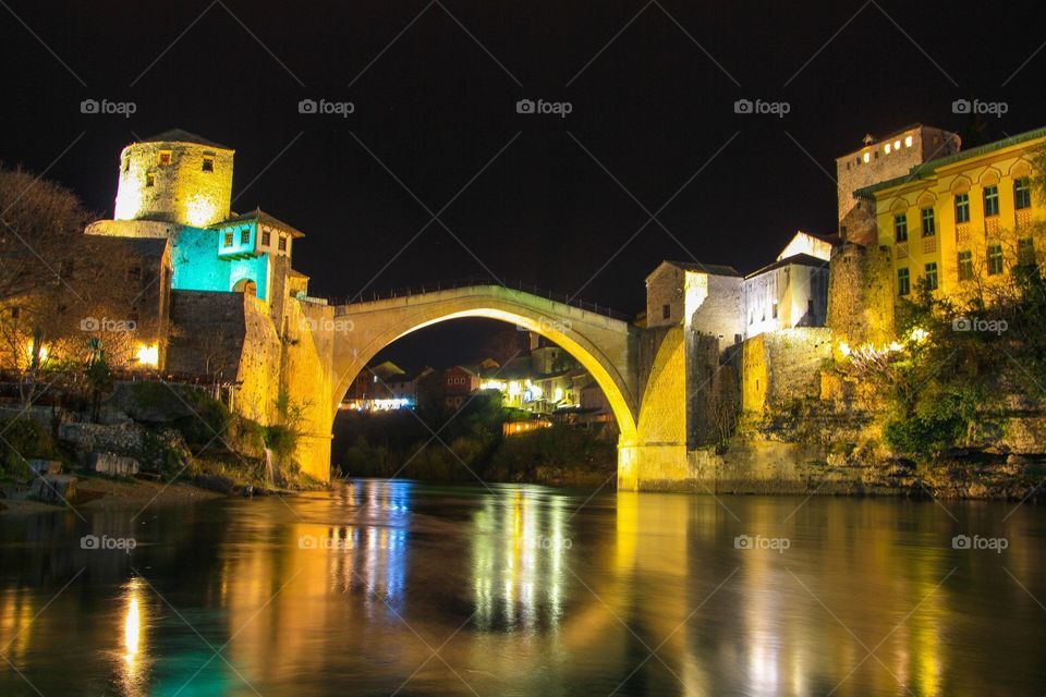Stari Most. The famous old bridge in Mostar, Bosnia at night.