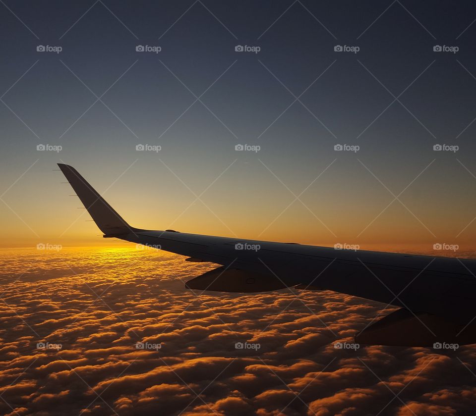 Airplane flight at sunset