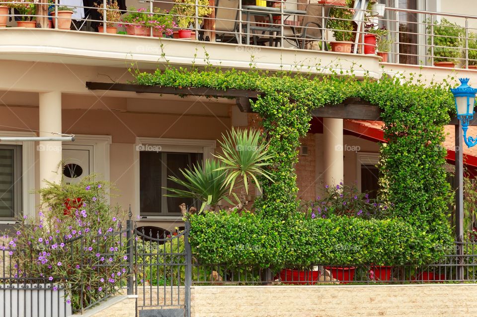 Beautiful house in Greece with terrace decorated with lot of flowers and palm