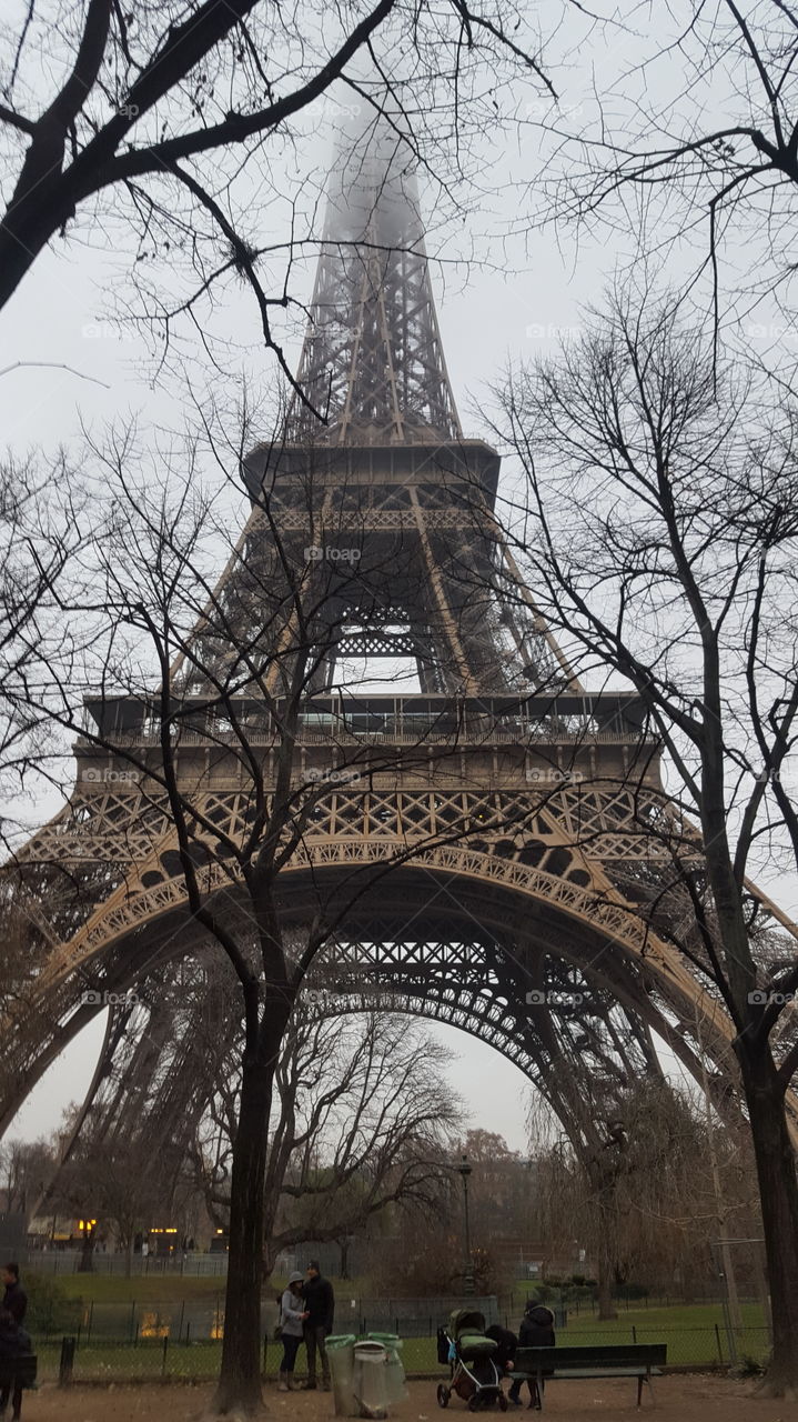 Eiffel Tower on a foggy winter day.