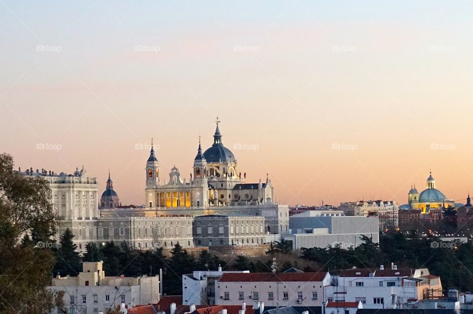 Almudena Cathedral (center), the Royal Palace (left), and the Basilica of San Francisco el Grande (right), Madrid, Spain 