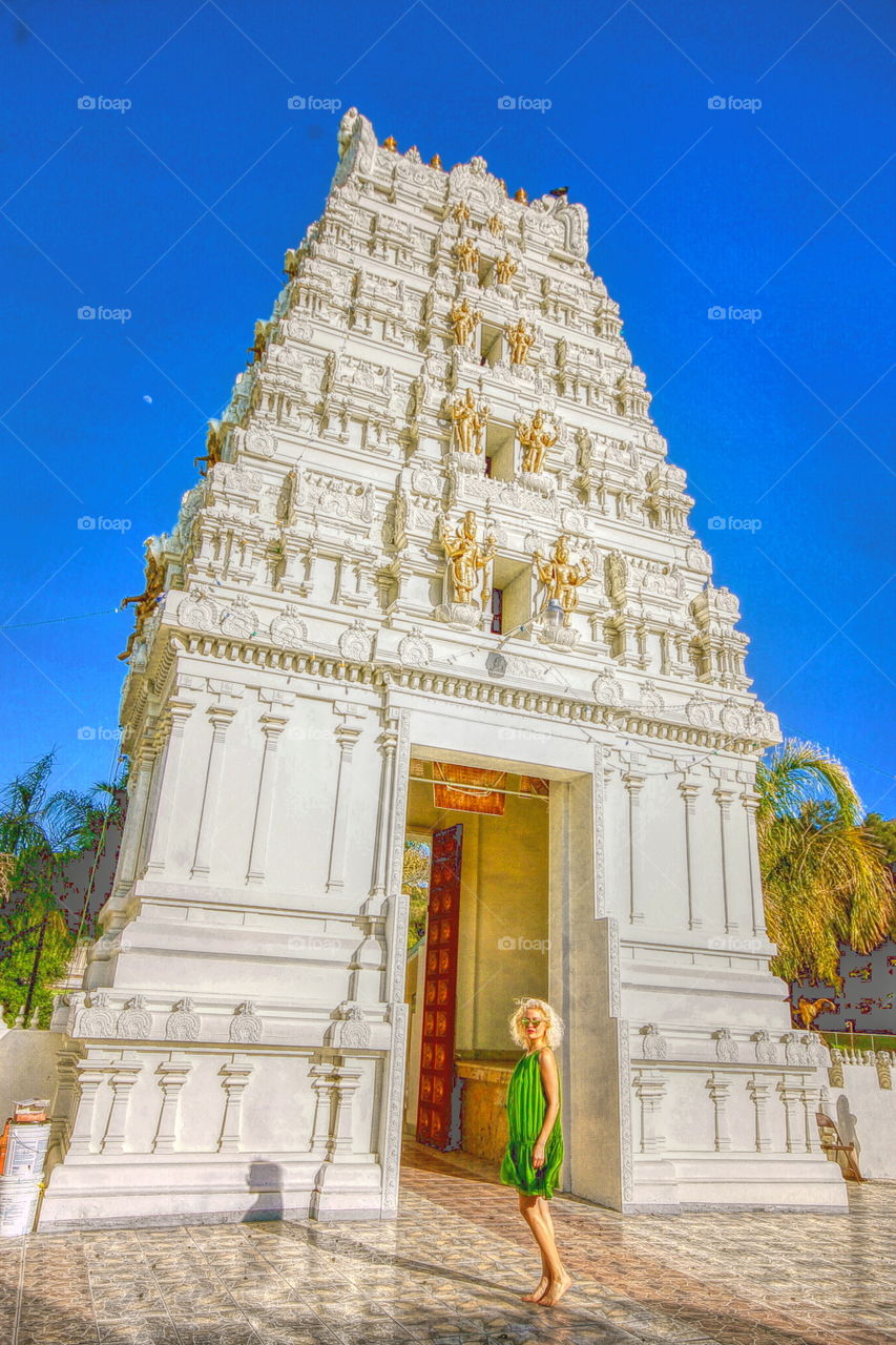 Tourist at temple in Malibu California