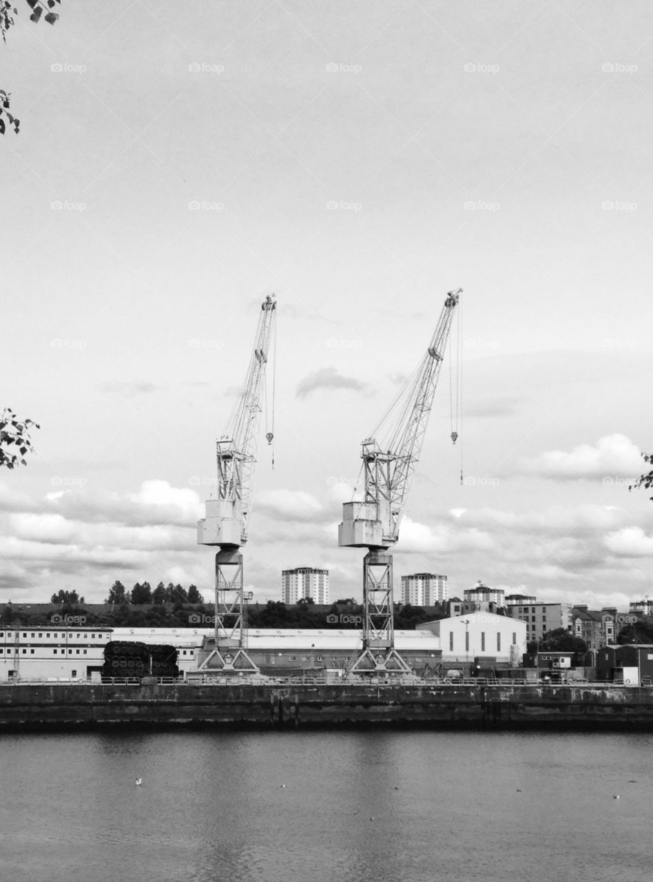 Steel town. Two cranes remaining from Scotland's ship building heyday