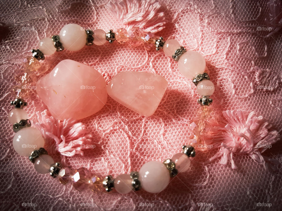 Pink every where, pink textured materials pink jewellery and pink Rose quartz gem stones. Pink Art Fashion