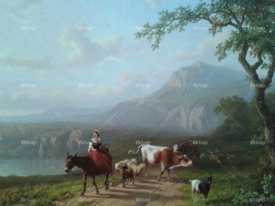 A painting shows a girl riding a donkey on her way to farm with some animals 