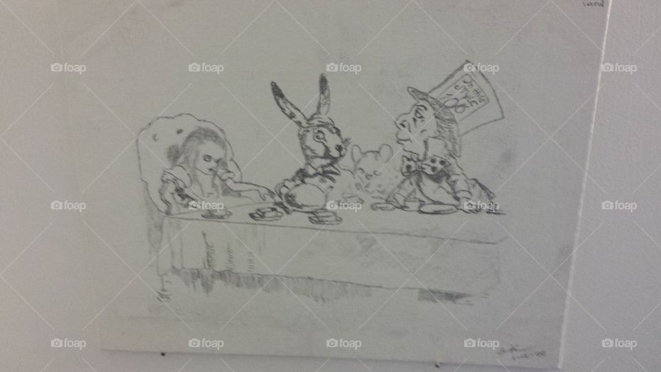 charcoal drawing of tea party from Alice in wonderland on canvas