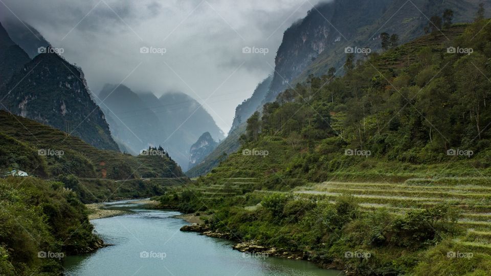 Morning time in Ha Giang province in the mountains of northern Vietnam. 