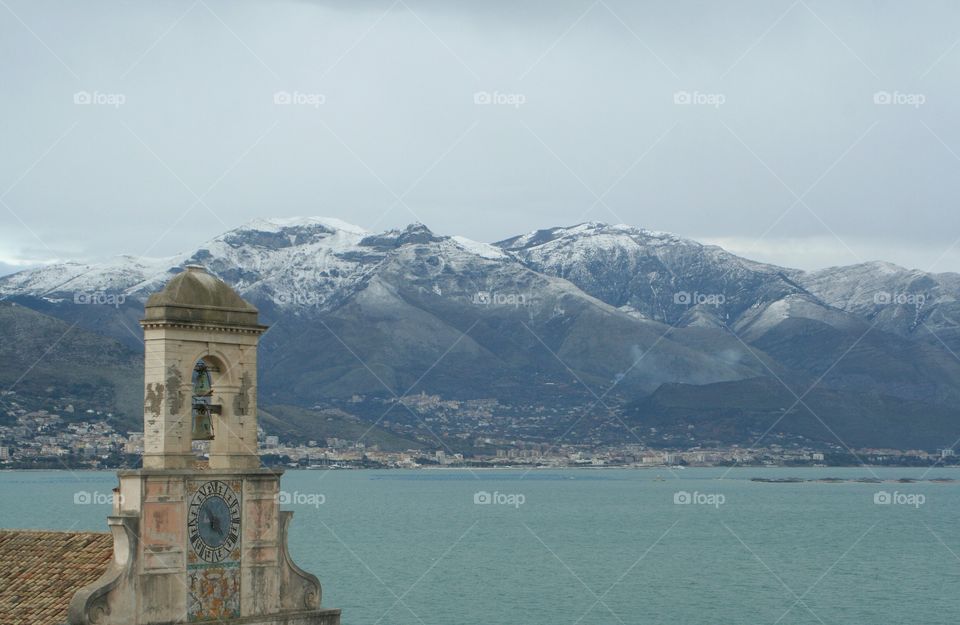 Sanctuary and mountains on background