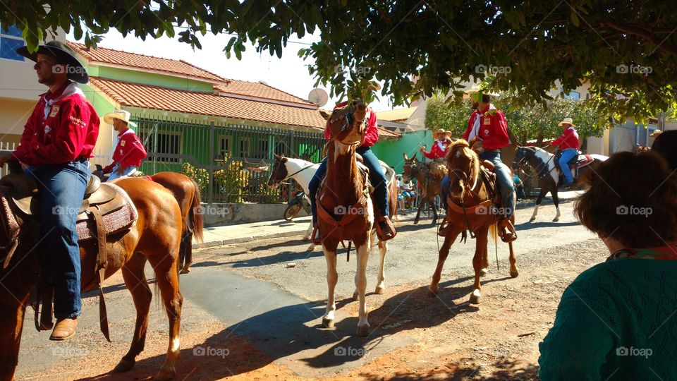 Cavalos, touros e cavaleiros. Confraternização, cavalgada nas ruas. Evento agropecuario tradicional comemorativo de aniversario da cidade. Cowboys e Cowgirls.