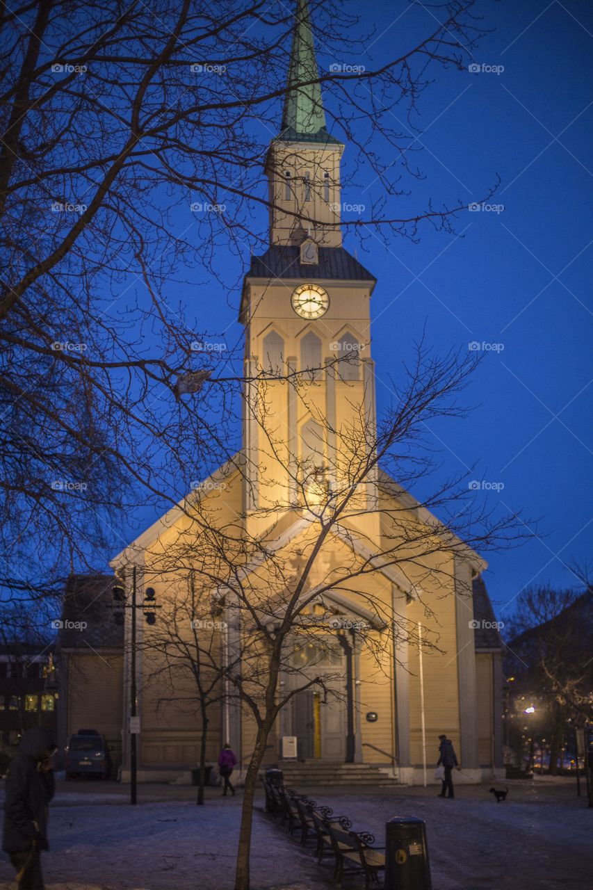 Church by night. A church lights up in a winter night in northern Norway 